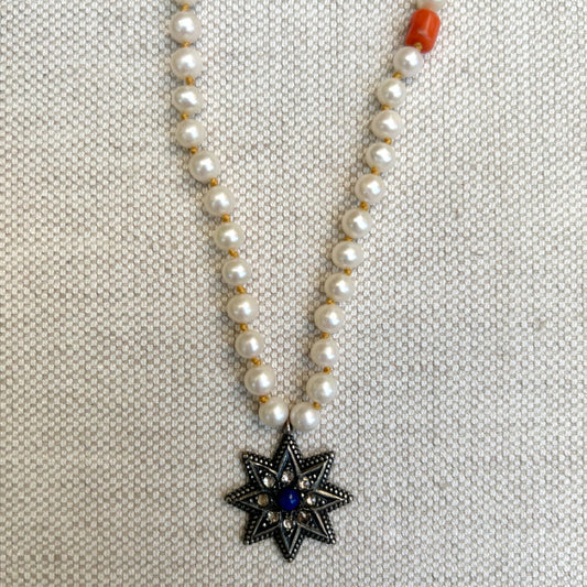 Rosecut Diamond Lapis Pearl Necklace