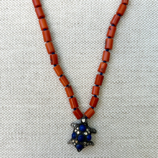 Coral Lapis Rosecut Diamond Necklace